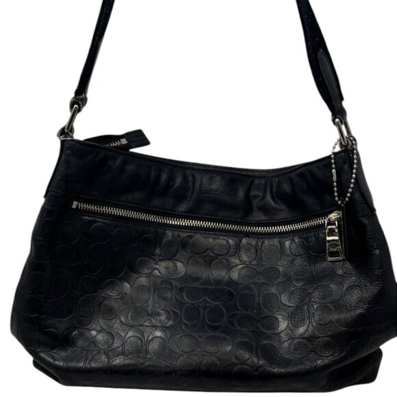 Coach Black Leather Signature Logo Charm Inner Pocket Zipper Crossbody Handbag - Picture 6 of 13